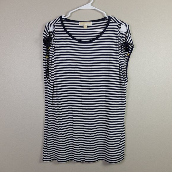 Michael Kors Black and White Striped Cold Shoulder Top Size Large - Picture 3 of 6